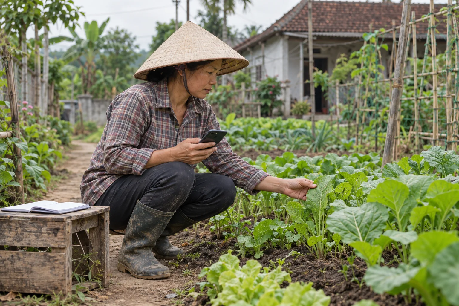 Ảnh minh họa AI: người phụ nữ quan sát lá rau, bên cạnh có điện thoại và sổ ghi chép.