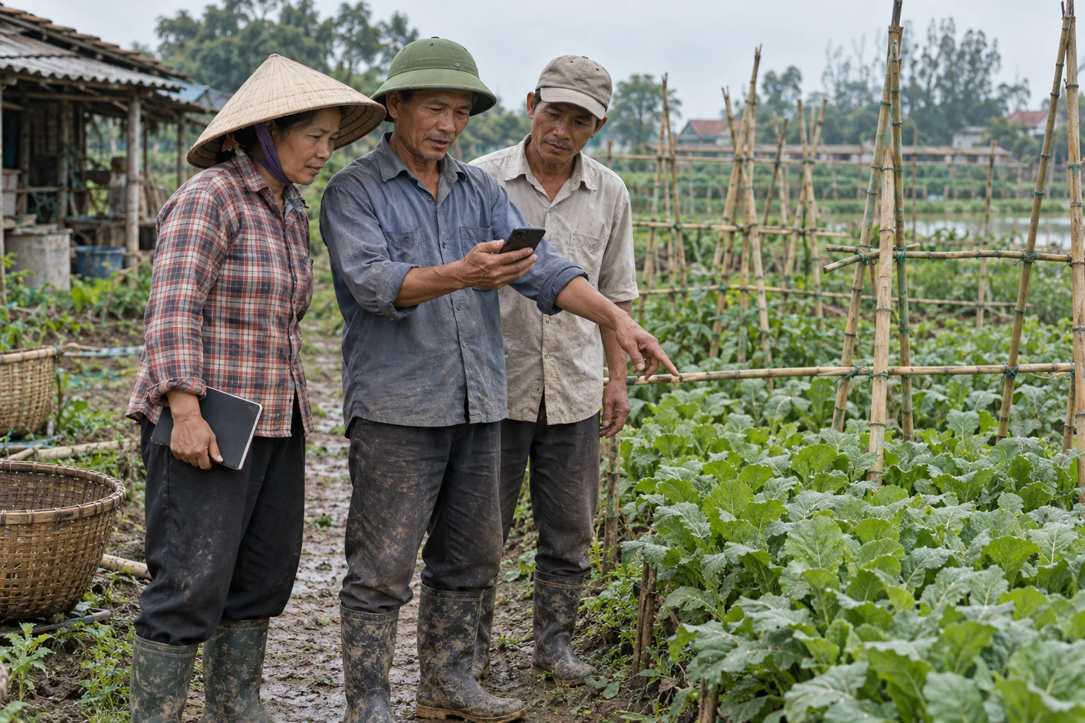 Ảnh minh họa AI: ba người làm vườn cùng trao đổi thông tin trên điện thoại bên luống rau.