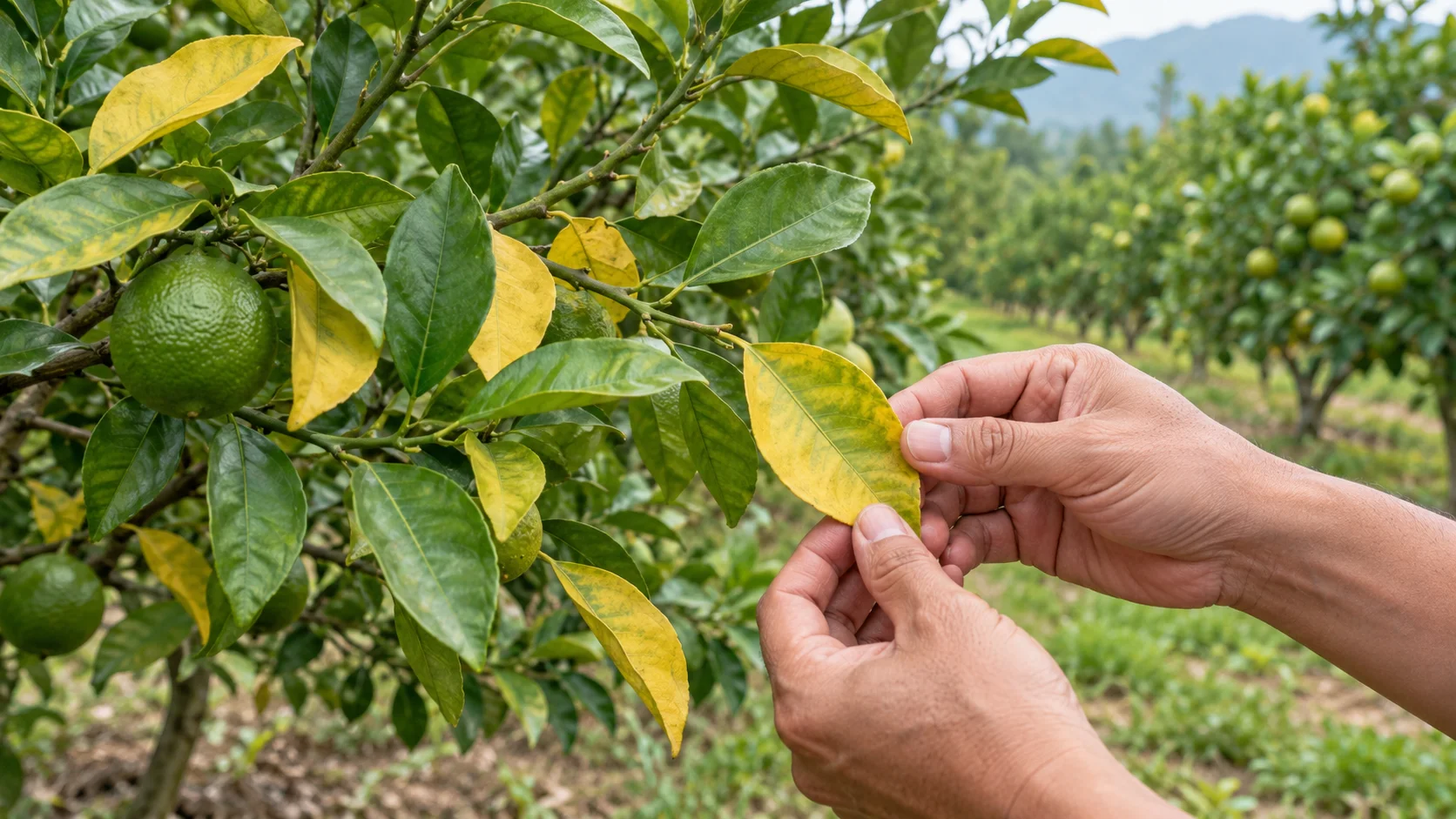 Ảnh minh họa AI: bàn tay người làm vườn quan sát lá vàng xen lá xanh trên cành cây có múi.