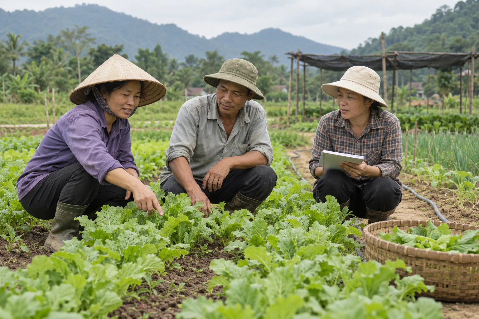 Ảnh AI minh họa: nhóm người làm vườn trao đổi bên luống rau.