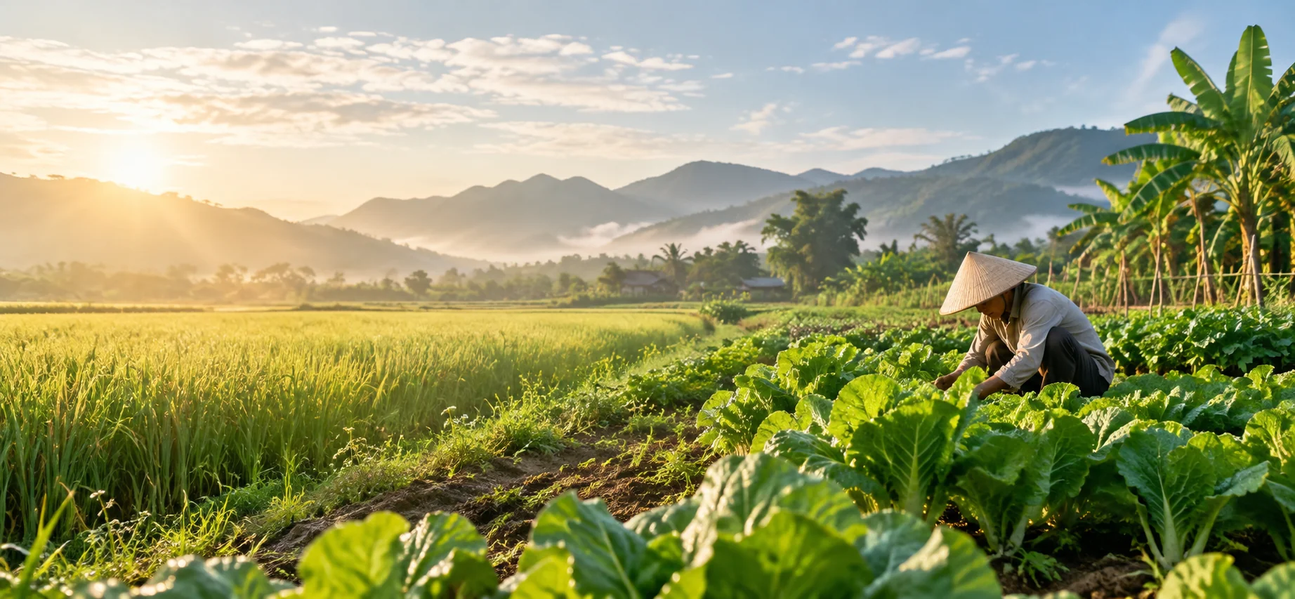 Hình minh họa AI cánh đồng và người chăm sóc rau dưới ánh nắng sớm